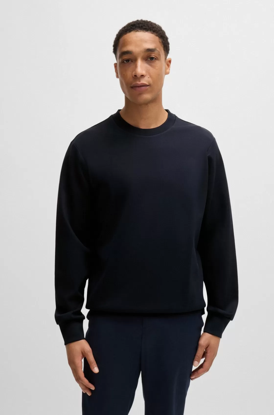 HUGO BOSS Cotton-jersey Regular-fit Sweatshirt With Mixed Structures Dark Blue Flash Sale