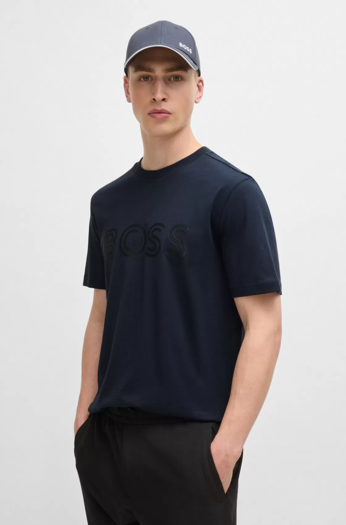 HUGO BOSS Cotton-jersey Regular-fit T-shirt With Logo Artwork Dark Blue Flash Sale