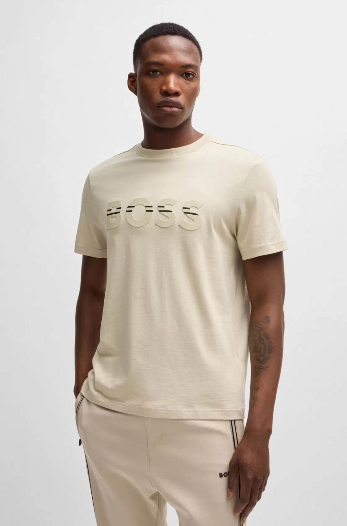 HUGO BOSS Cotton-jersey Regular-fit T-shirt With Logo Artwork Light Beige Cheap