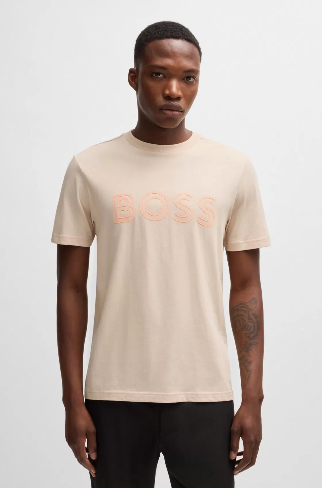 HUGO BOSS Cotton-jersey Regular-fit T-shirt With Logo Artwork Light Orange New