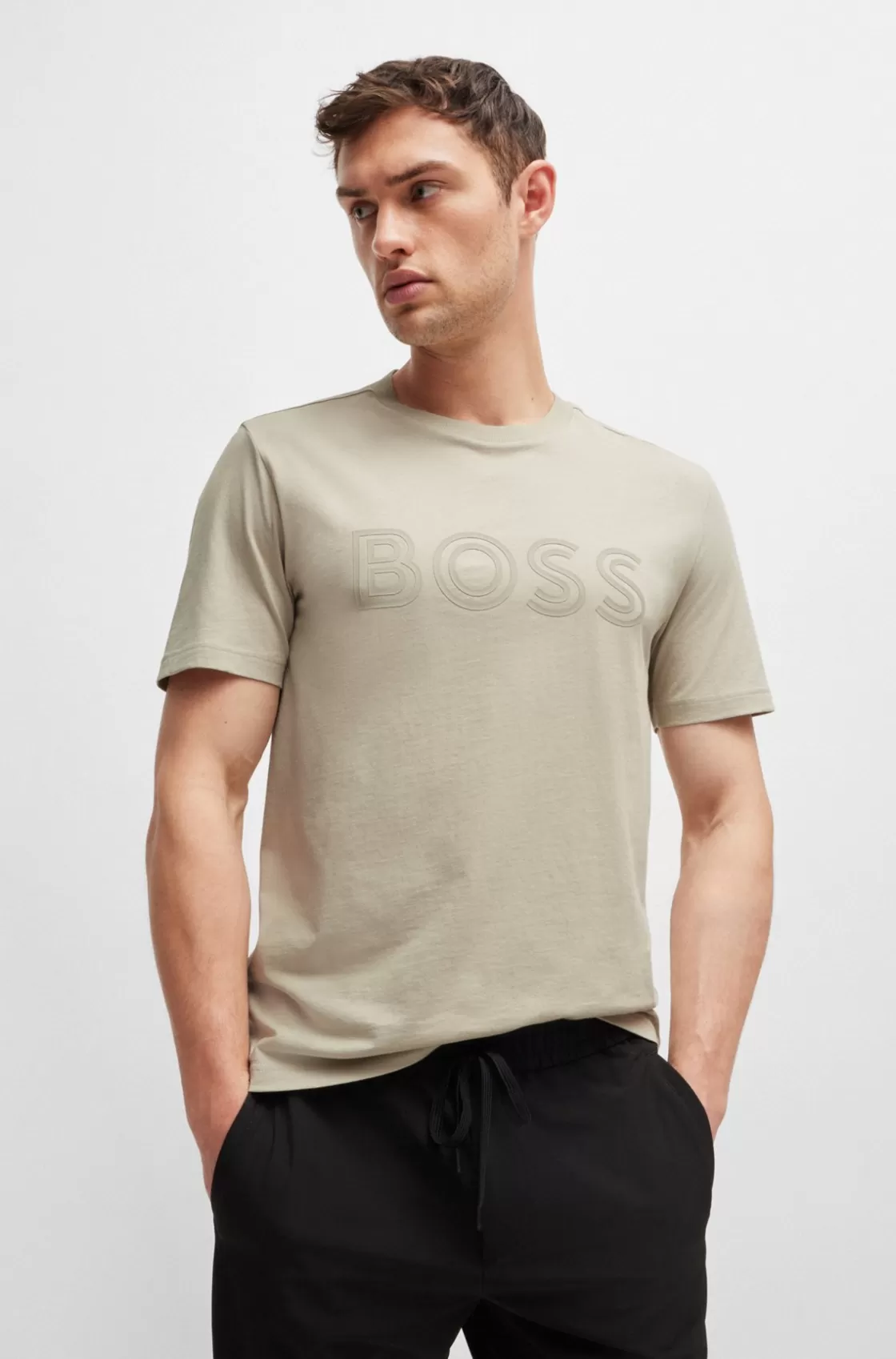 HUGO BOSS Cotton-jersey Regular-fit T-shirt With Logo Artwork Light Beige Hot