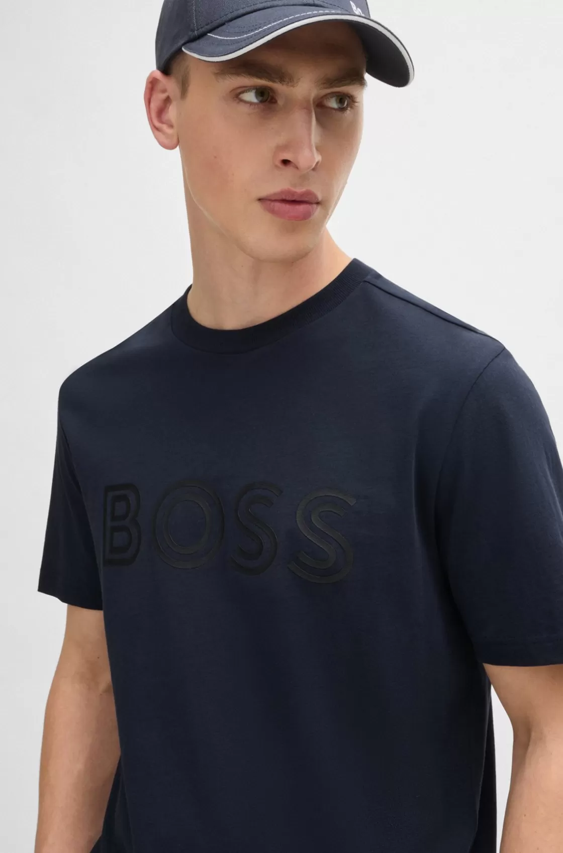 HUGO BOSS Cotton-jersey Regular-fit T-shirt With Logo Artwork Dark Blue Flash Sale