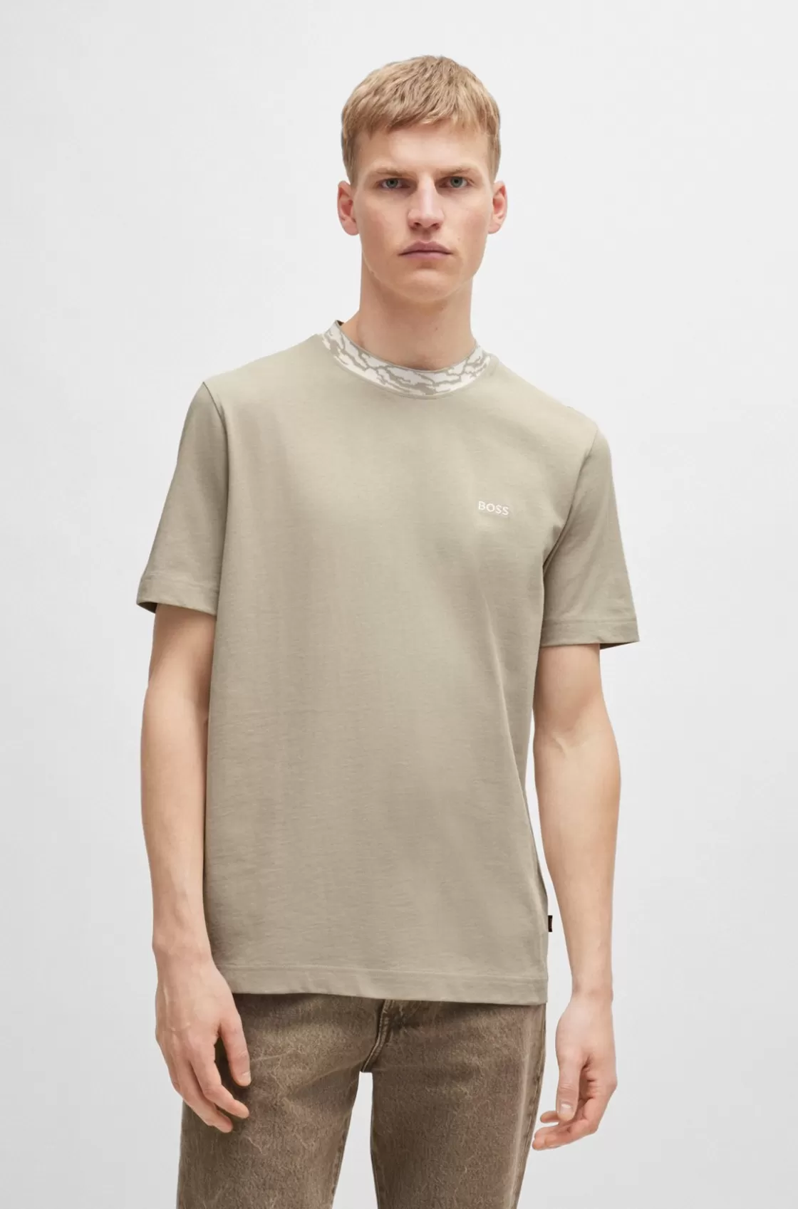 HUGO BOSS Cotton-jersey Regular-fit T-shirt With Patterned Collar Light Beige Cheap