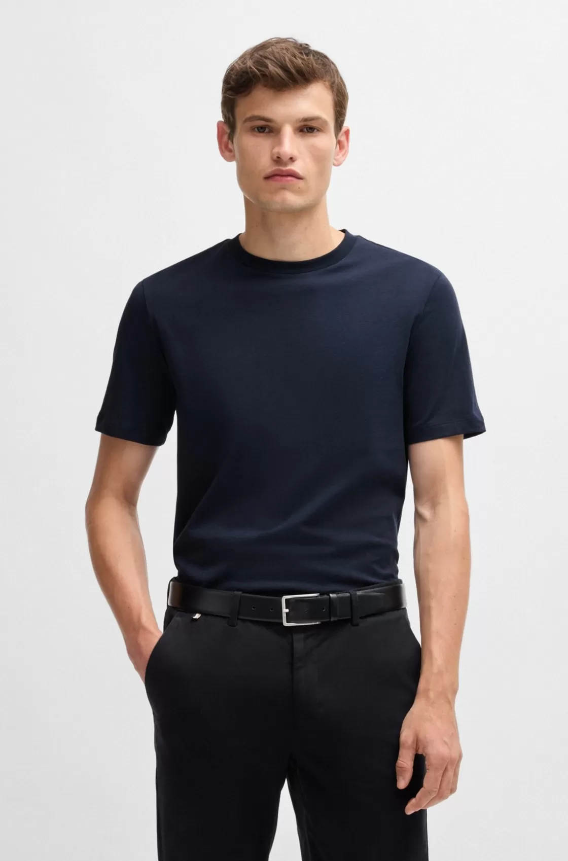 HUGO BOSS Cotton-jersey Regular-fit T-shirt With Ribbed Collar Dark Blue Cheap