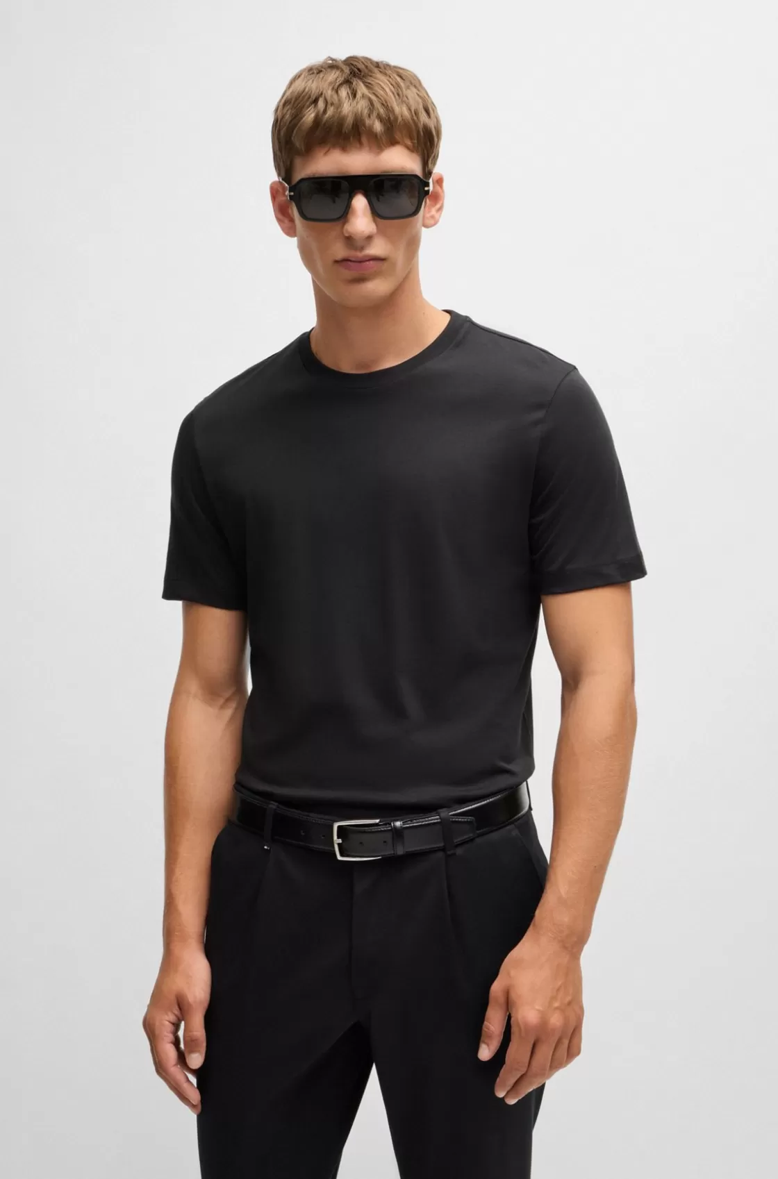 HUGO BOSS Cotton-jersey Regular-fit T-shirt With Ribbed Collar Black New