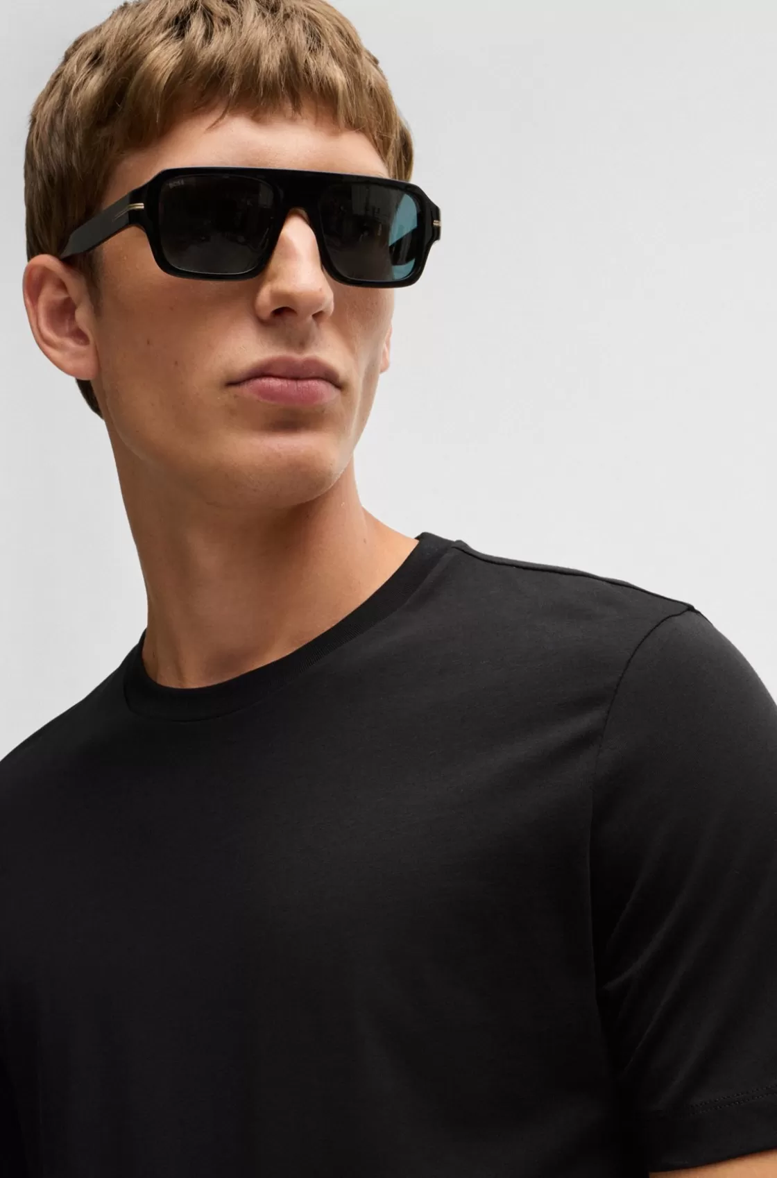 HUGO BOSS Cotton-jersey Regular-fit T-shirt With Ribbed Collar Black New
