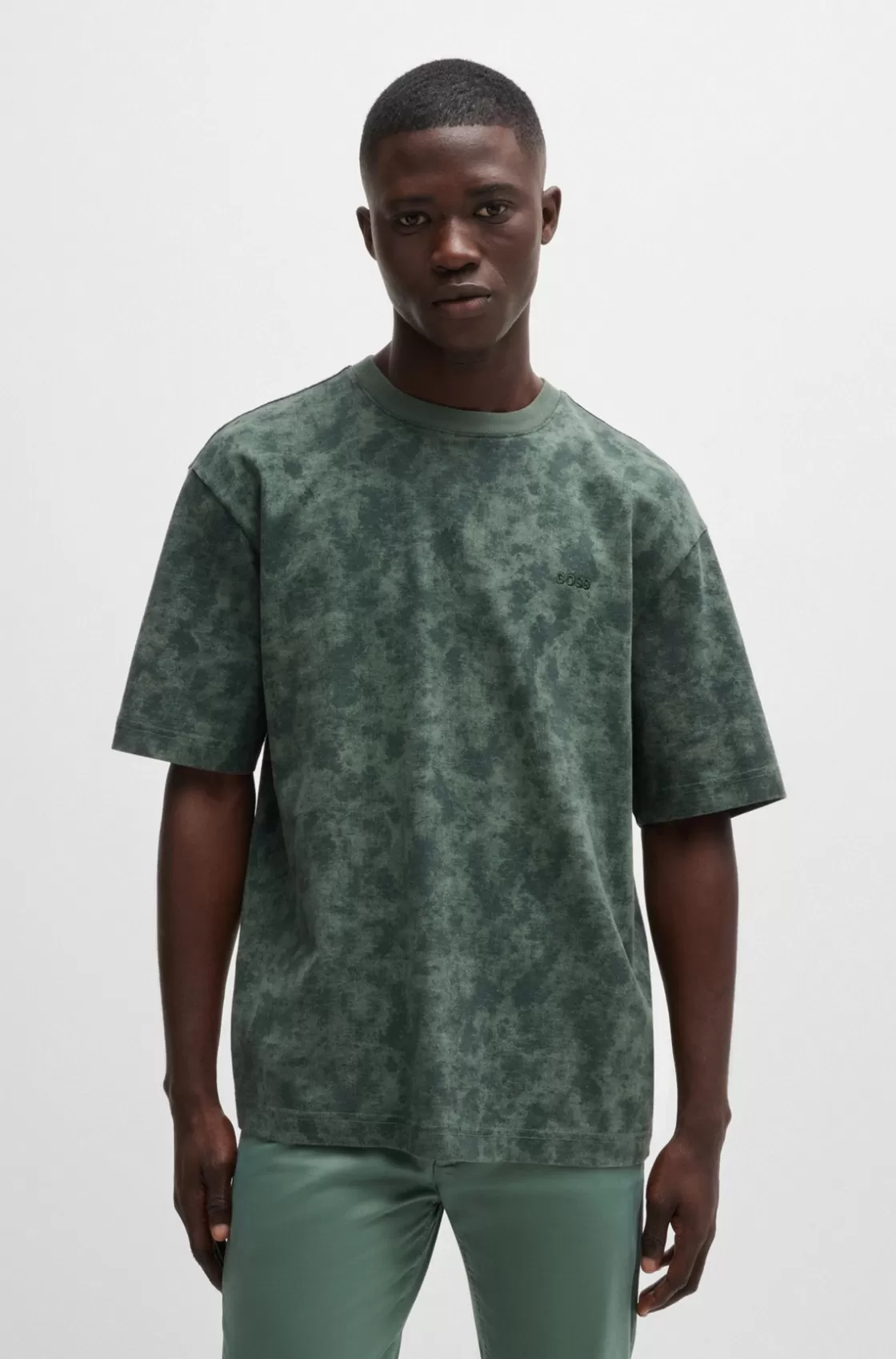 HUGO BOSS Cotton-jersey T-shirt With All-over Seasonal Print Light Green Hot