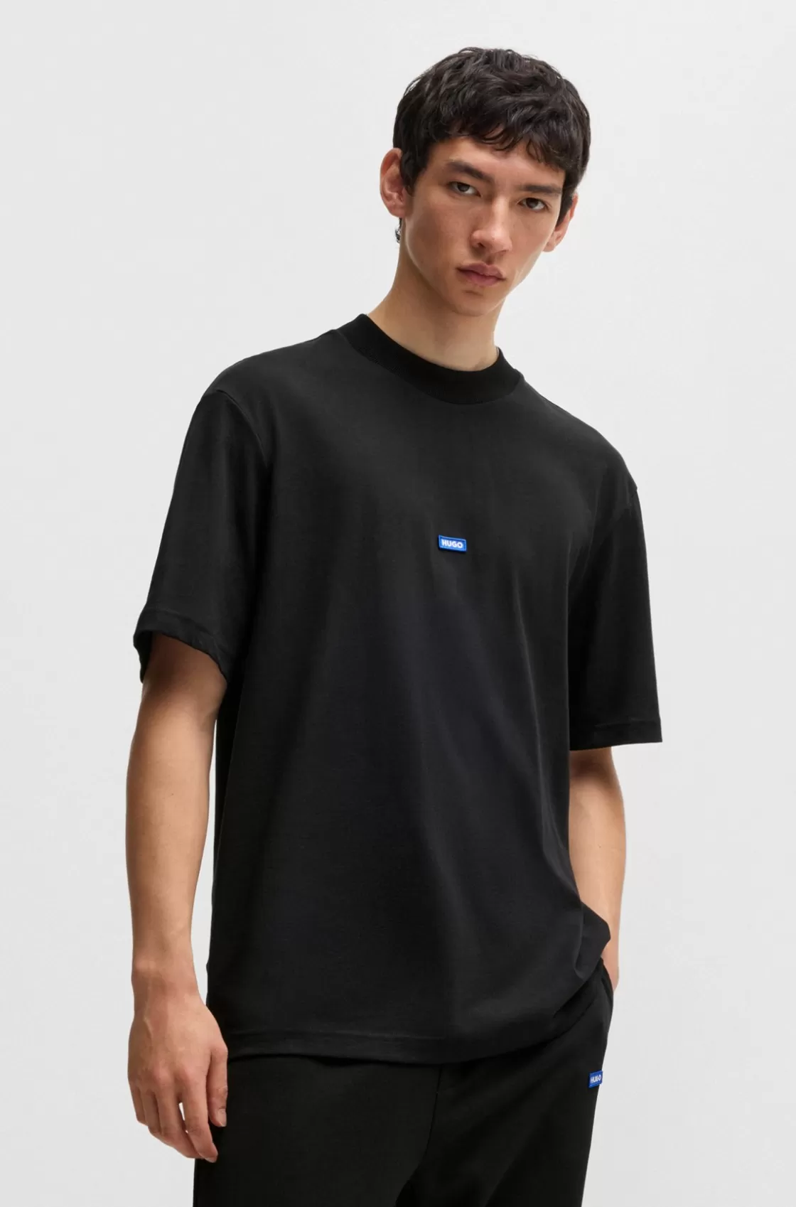 HUGO BOSS Cotton-jersey T-shirt With Blue Logo Patch Black Shop