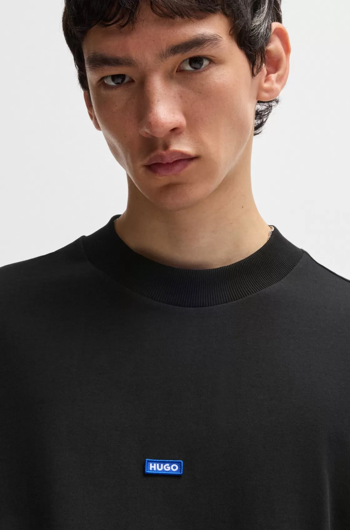 HUGO BOSS Cotton-jersey T-shirt With Blue Logo Patch Black Shop