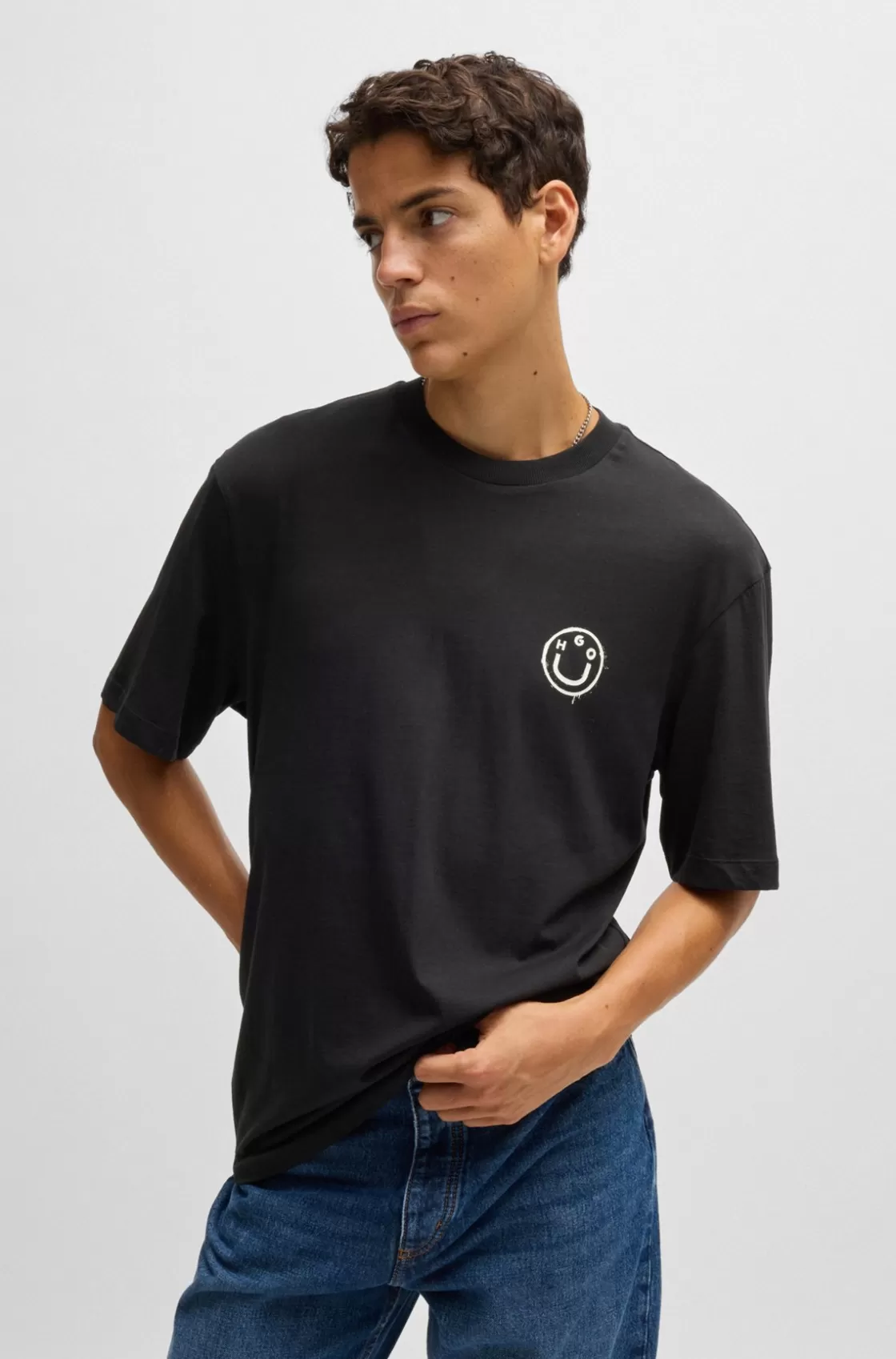 HUGO BOSS Cotton-jersey T-shirt With Happy HUGO Logos Black Cheap