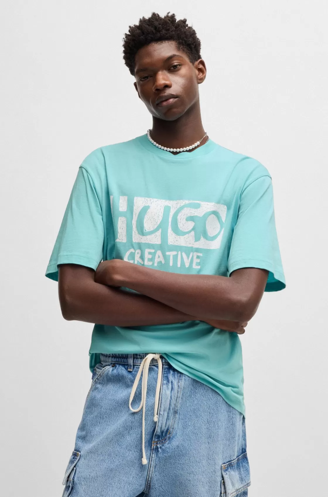 HUGO BOSS Cotton-jersey T-shirt With Logo Artwork Turquoise New