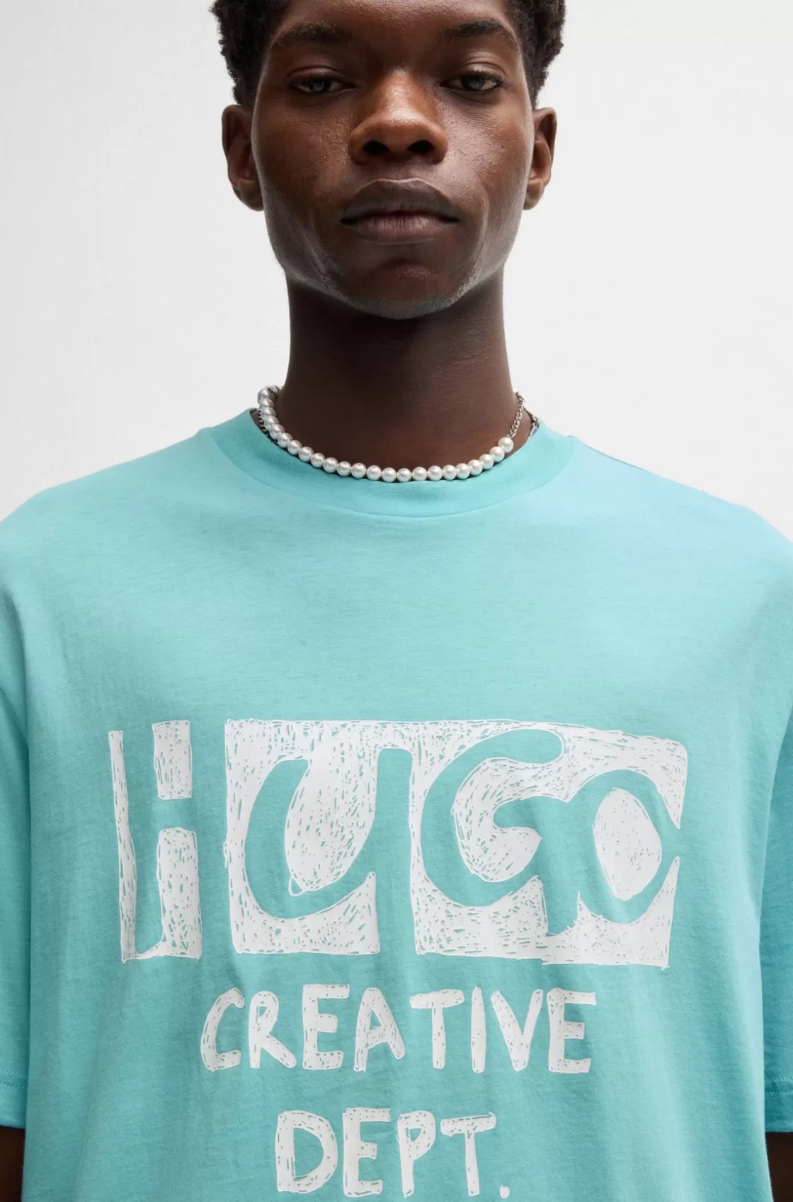 HUGO BOSS Cotton-jersey T-shirt With Logo Artwork Turquoise New