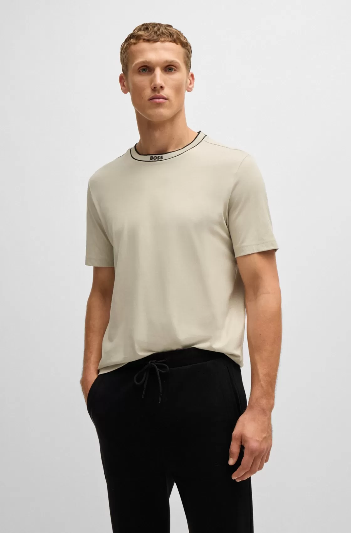 HUGO BOSS Cotton-jersey T-shirt With Logo Collar Light Beige Hot