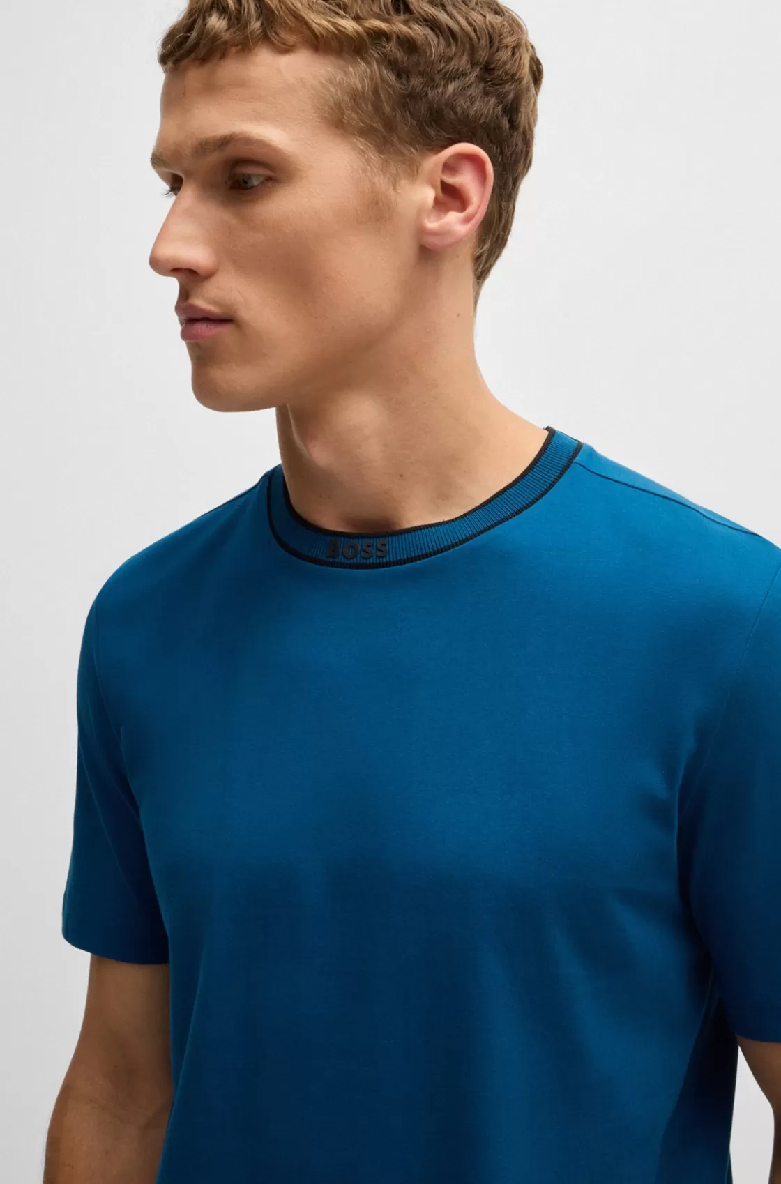 HUGO BOSS Cotton-jersey T-shirt With Logo Collar Light Blue Store
