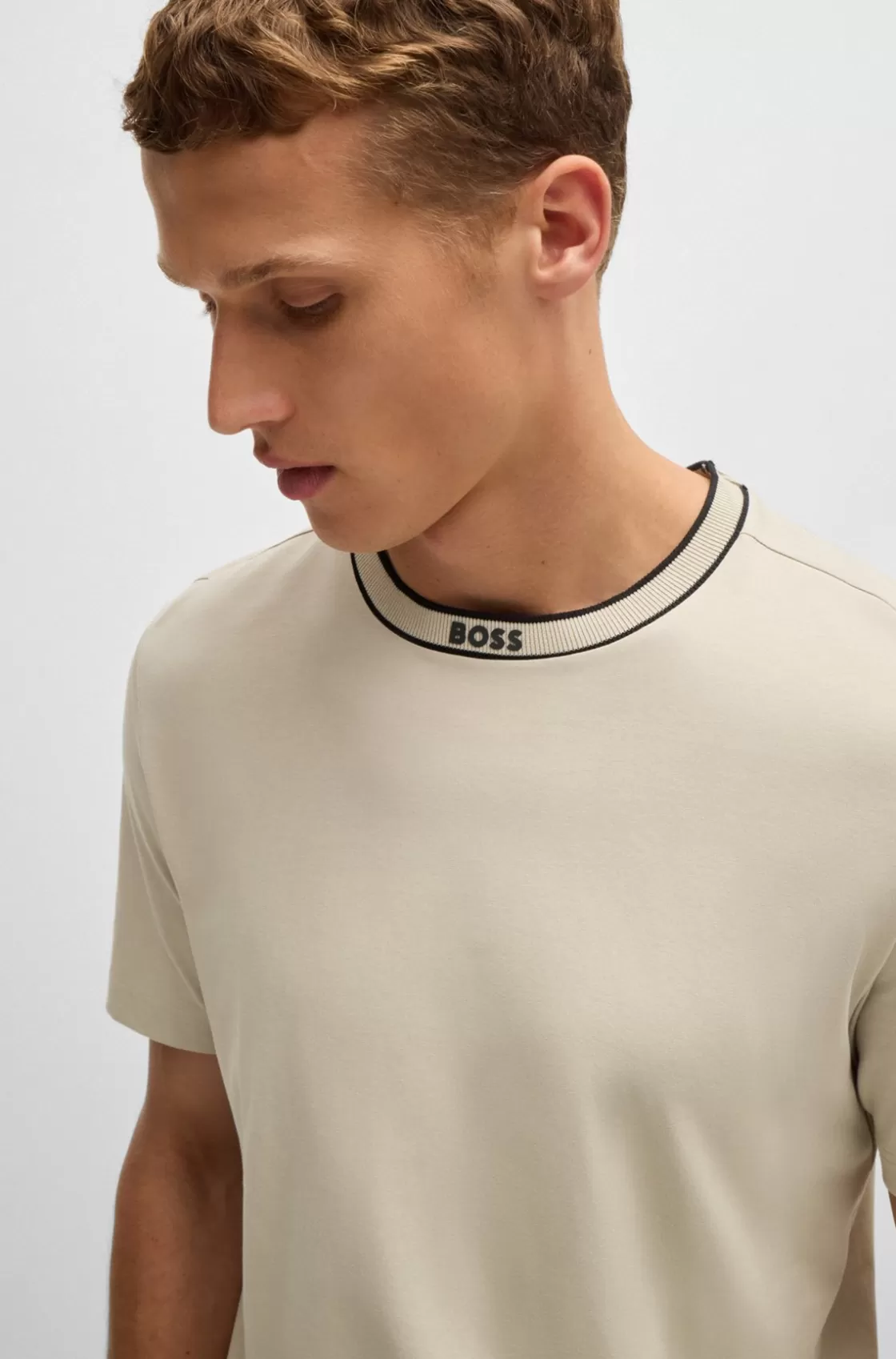 HUGO BOSS Cotton-jersey T-shirt With Logo Collar Light Beige Hot