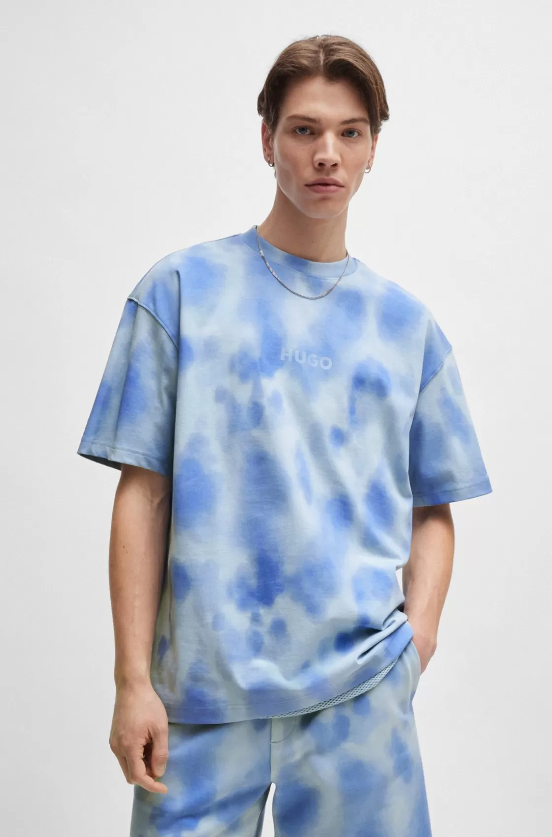 HUGO BOSS Cotton-jersey T-shirt With Seasonal Print Light Blue Sale