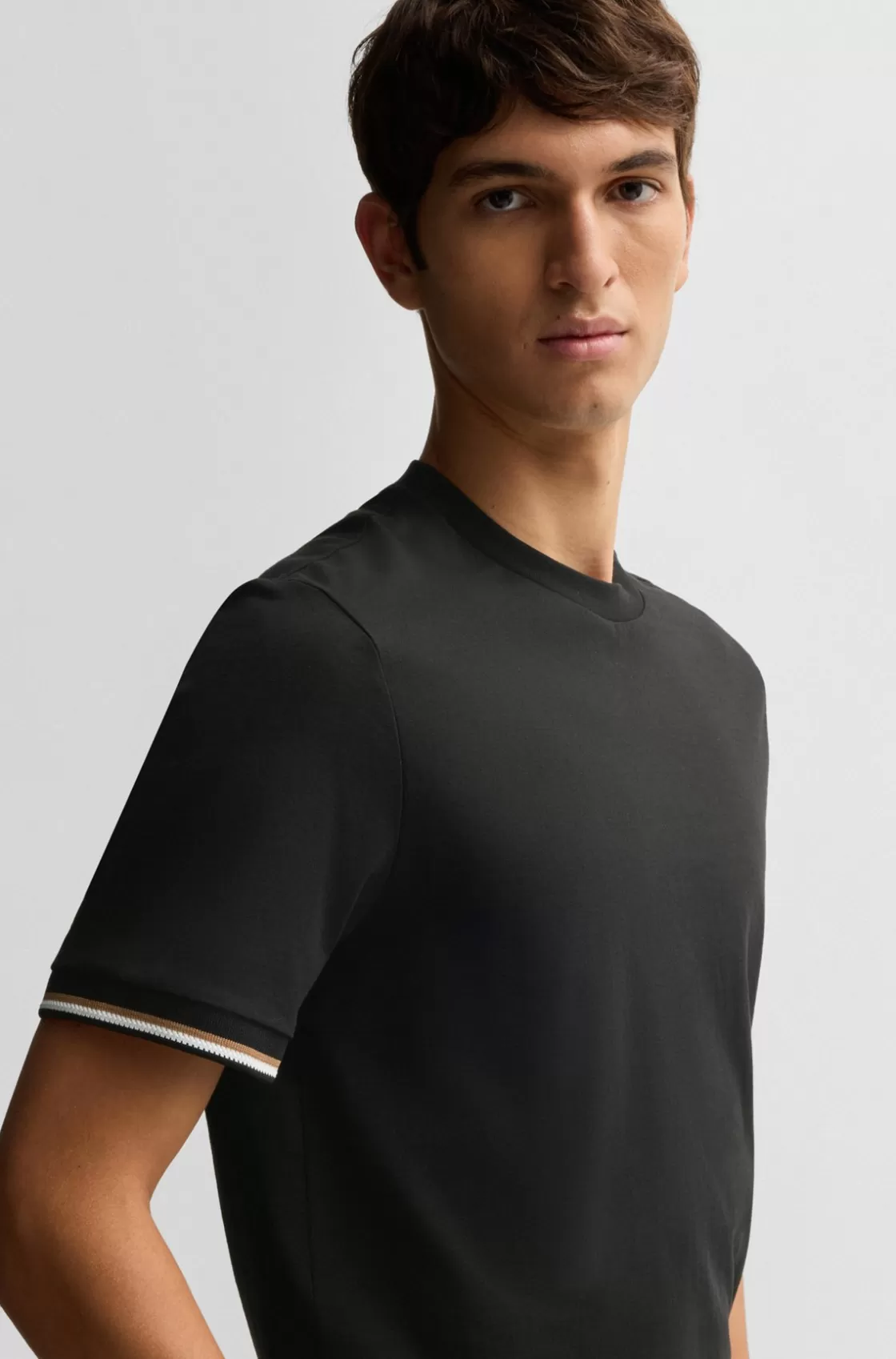 HUGO BOSS Cotton-jersey T-shirt With Signature-stripe Cuffs Black Shop