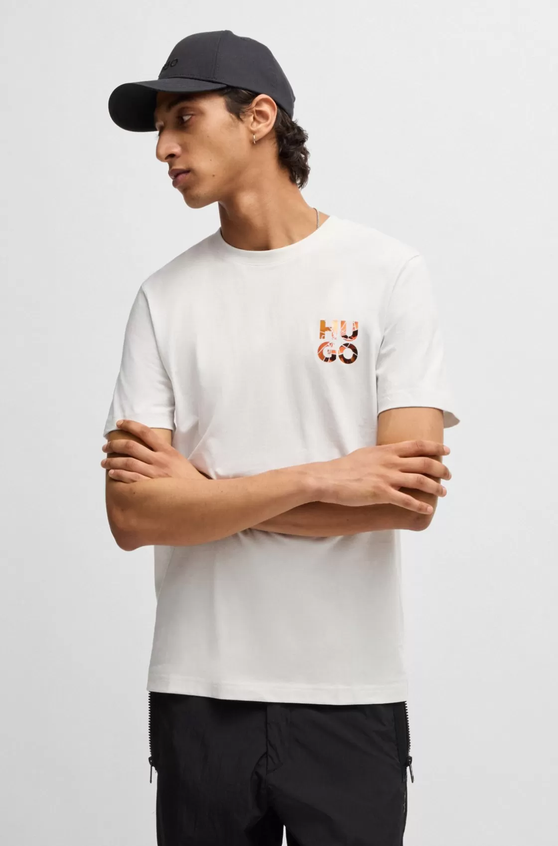 HUGO BOSS Cotton-jersey T-shirt With Stacked-logo Print White Outlet