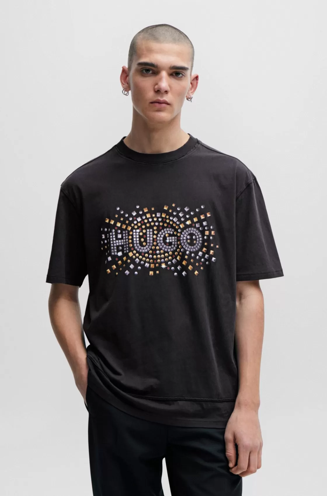 HUGO BOSS Cotton-jersey T-shirt With Stud-effect Artwork Black Cheap