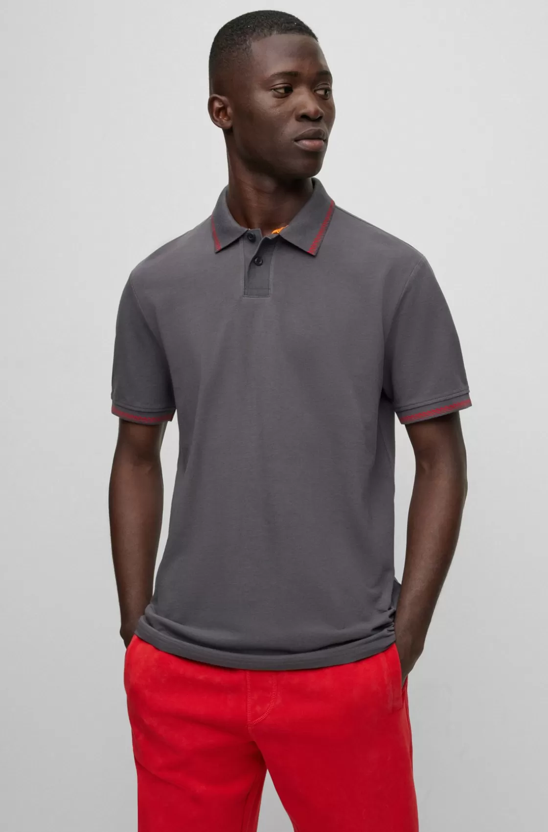 HUGO BOSS Cotton-piqué Polo Shirt With Contrast Details Dark Grey Clearance