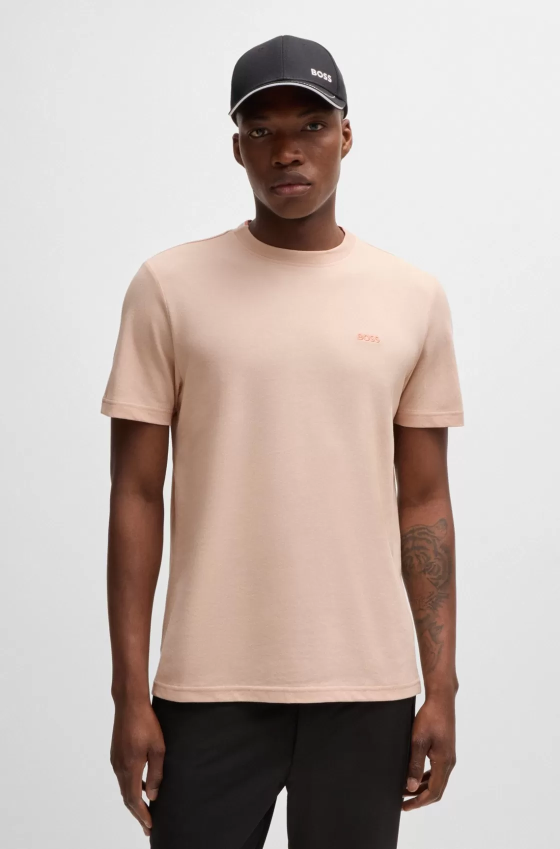 HUGO BOSS Cotton-piqué T-shirt With Oxford-jacquard Back Collar Light Orange Fashion
