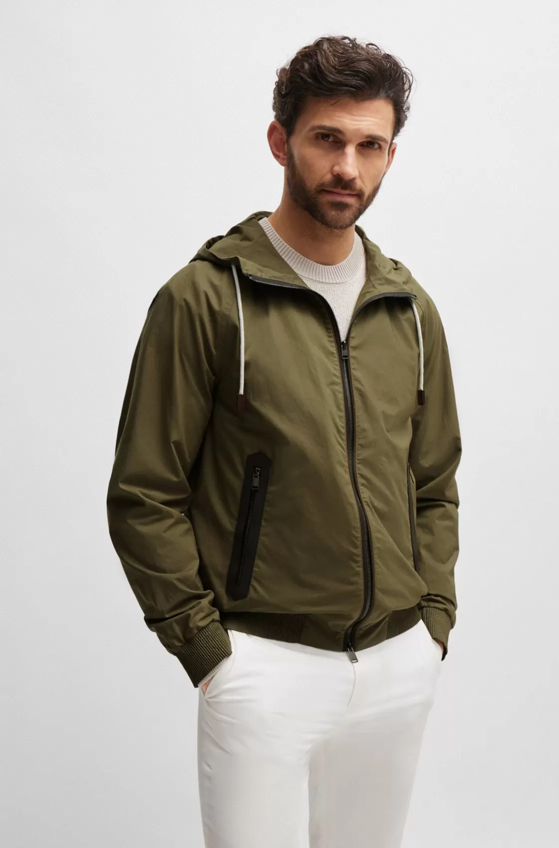 HUGO BOSS Cotton-poplin Hooded Jacket With Faux-leather Trims Light Green Store