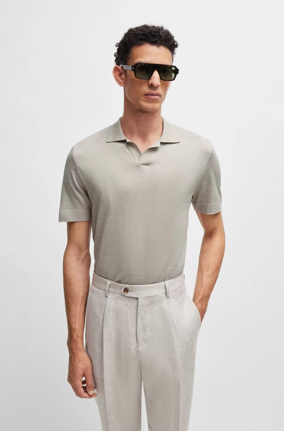 HUGO BOSS Cotton-silk Polo Shirt With Striped Details Light Beige Online