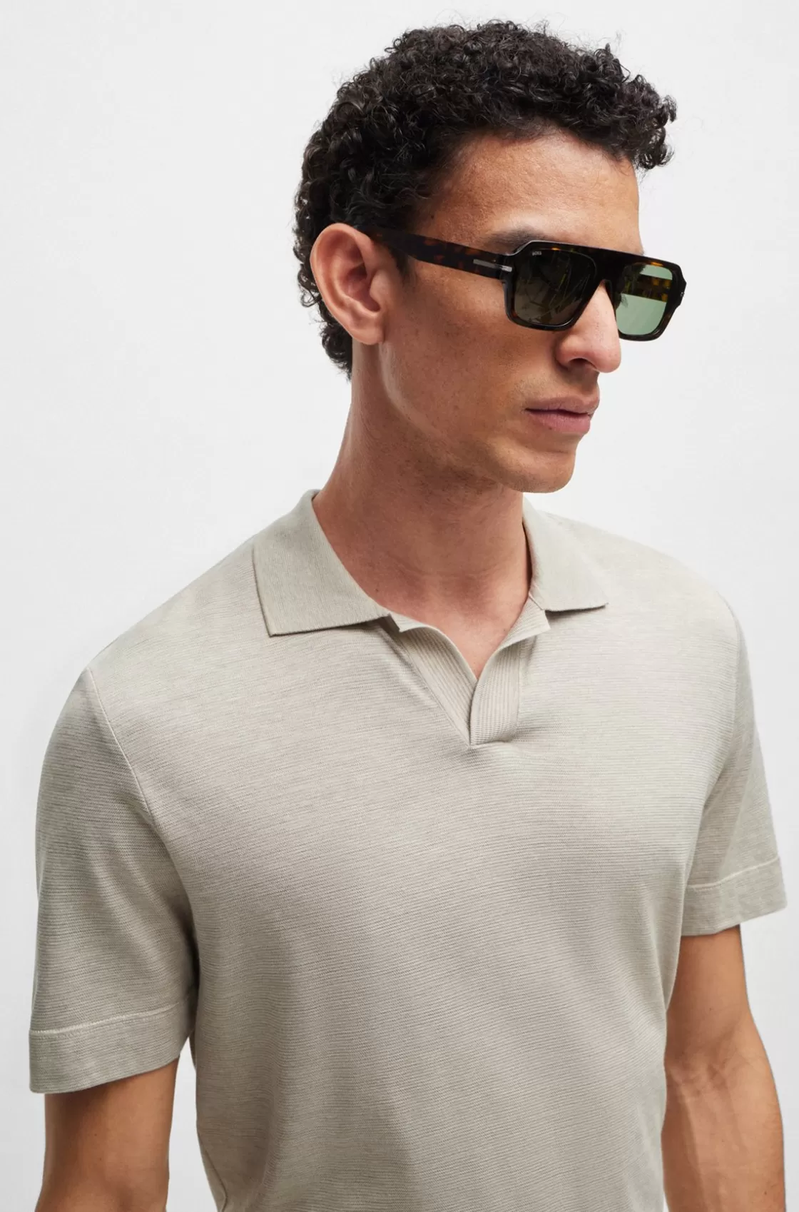 HUGO BOSS Cotton-silk Polo Shirt With Striped Details Light Beige Online
