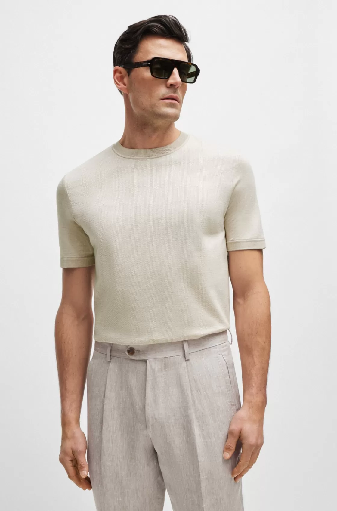 HUGO BOSS Cotton-silk Regular-fit T-shirt With Mixed Structures Light Beige Shop