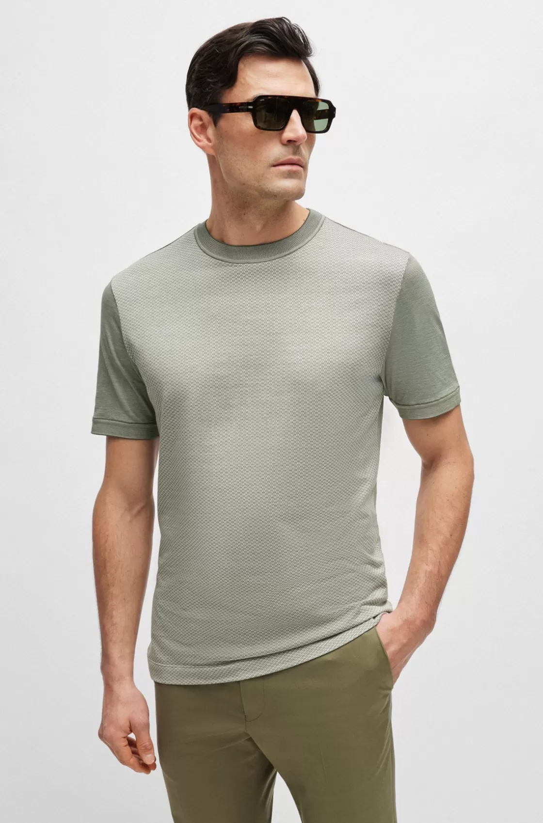 HUGO BOSS Cotton-silk Regular-fit T-shirt With Mixed Structures Light Green New