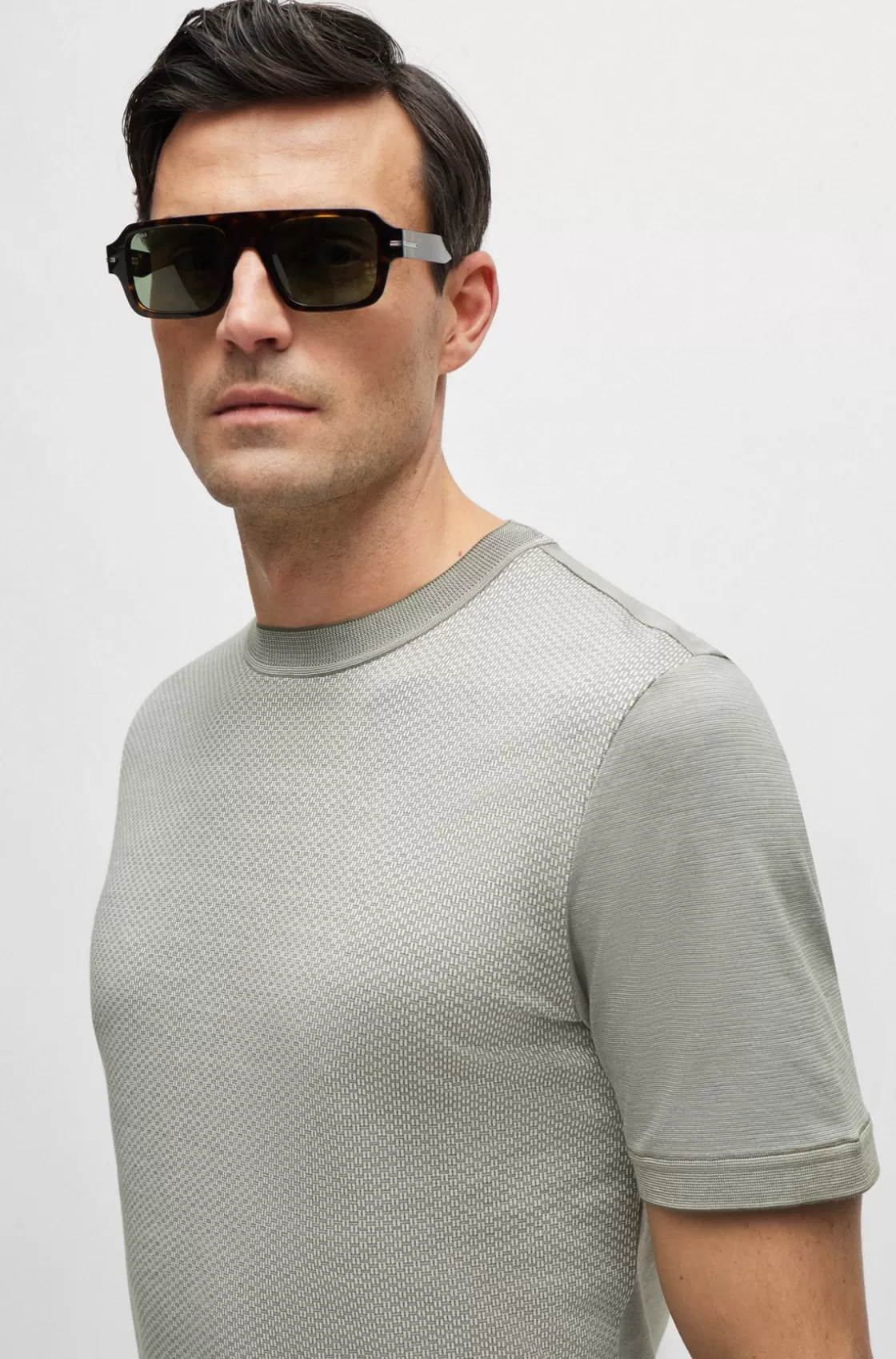 HUGO BOSS Cotton-silk Regular-fit T-shirt With Mixed Structures Light Green New