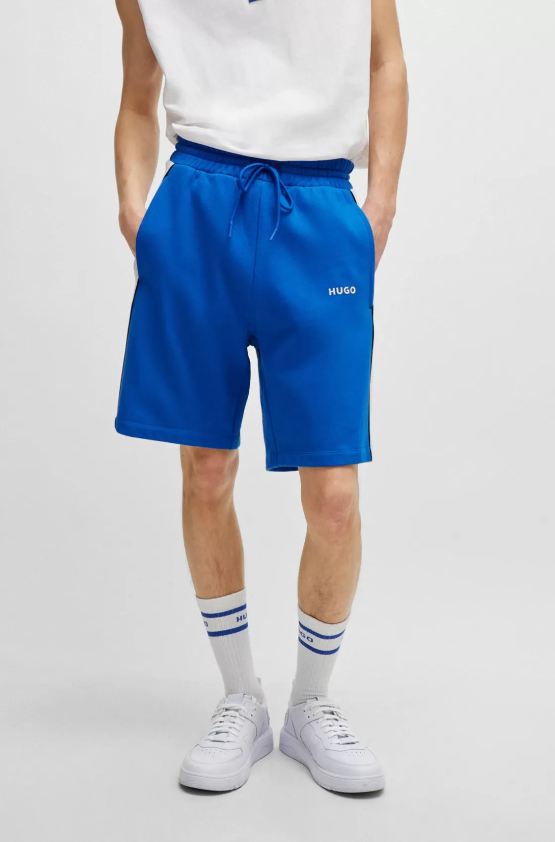 HUGO BOSS Cotton-terry Color-blocked Shorts With Contrast Panels Light Blue New