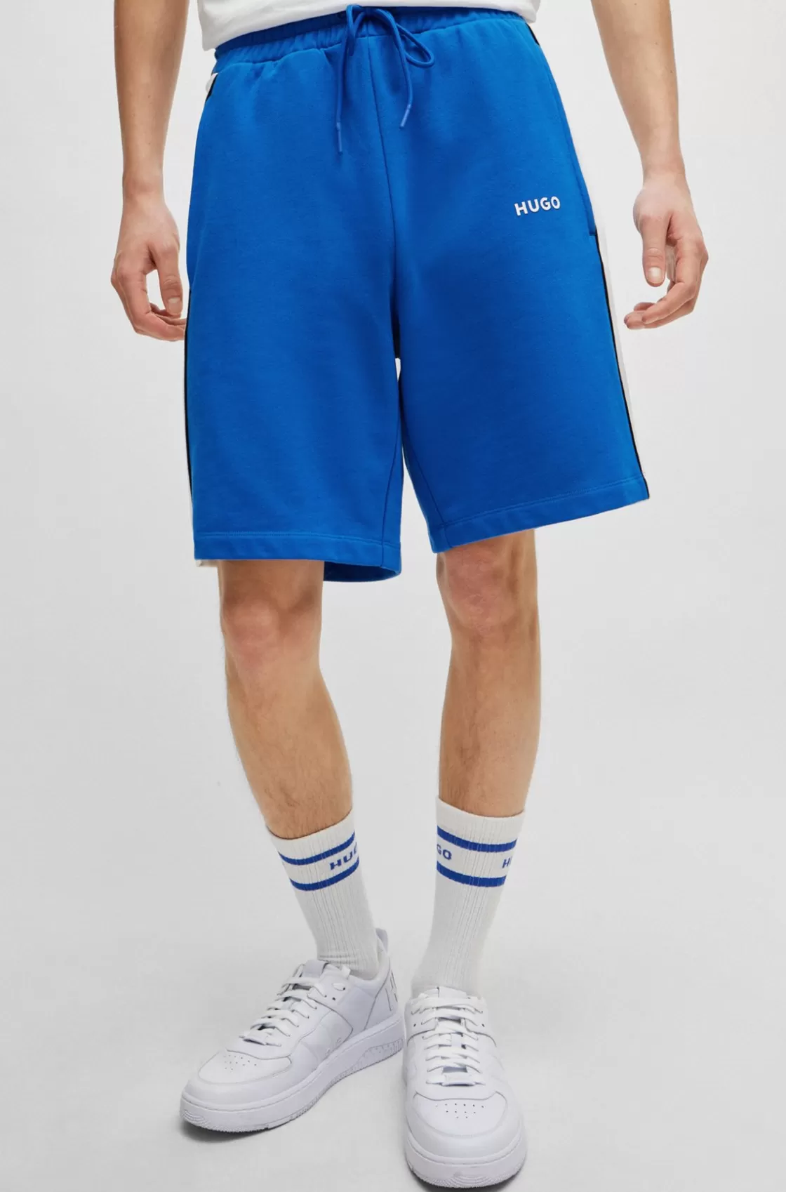 HUGO BOSS Cotton-terry Color-blocked Shorts With Contrast Panels Light Blue New