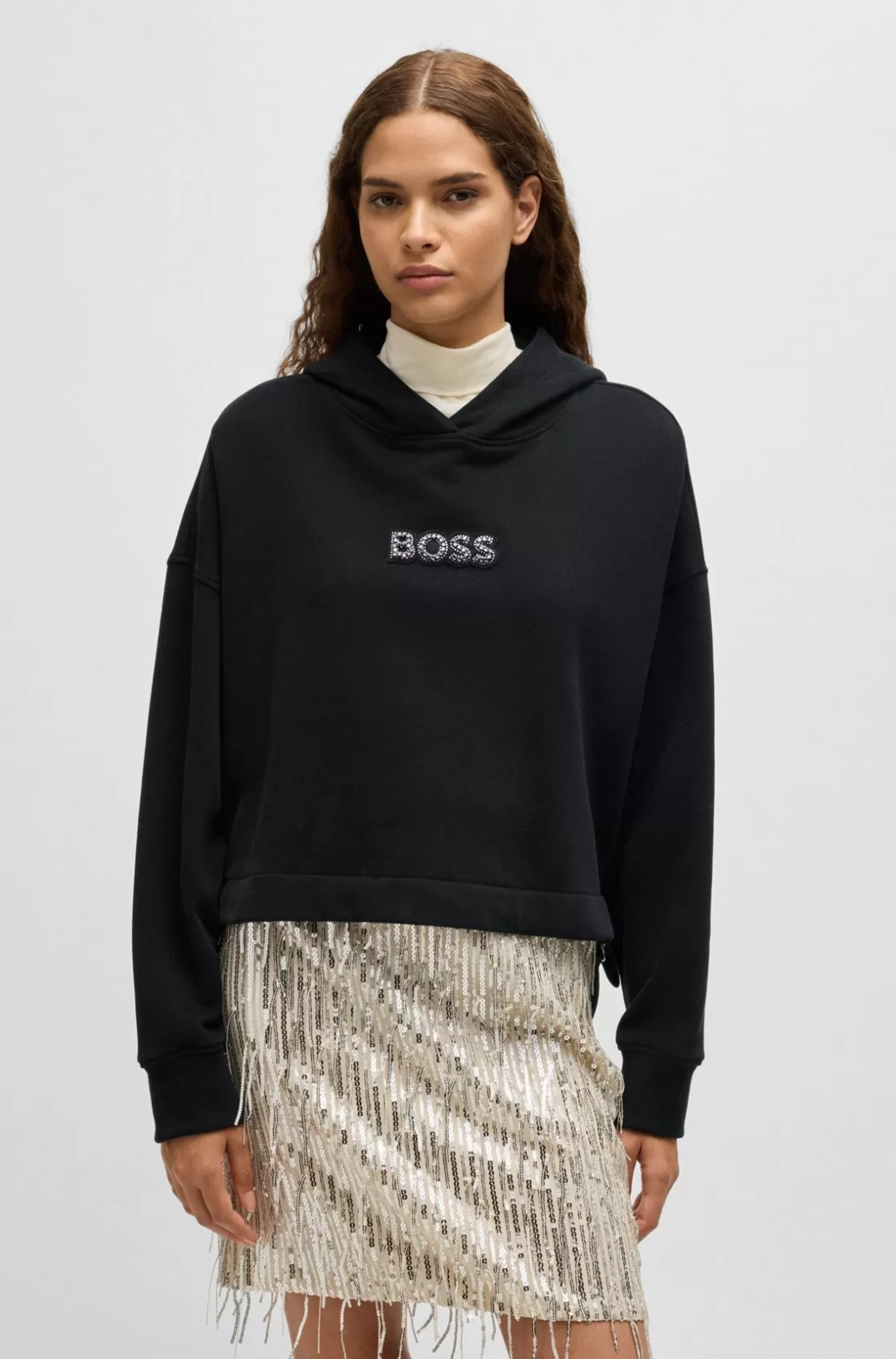 HUGO BOSS Cotton-terry Hoodie With Crystal-studded Logo Black Cheap