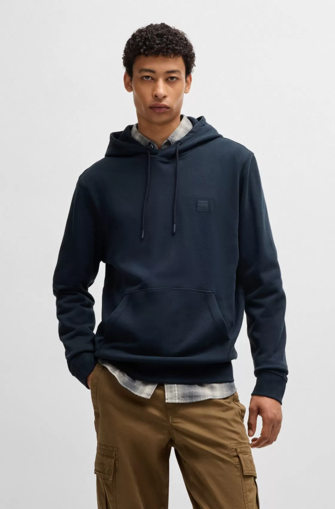 HUGO BOSS Cotton-terry Hoodie With Logo Patch Dark Blue Sale