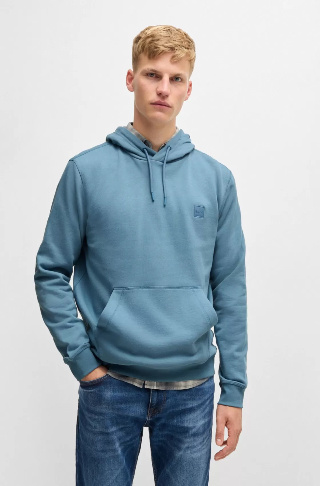 HUGO BOSS Cotton-terry Hoodie With Logo Patch Light Blue Shop