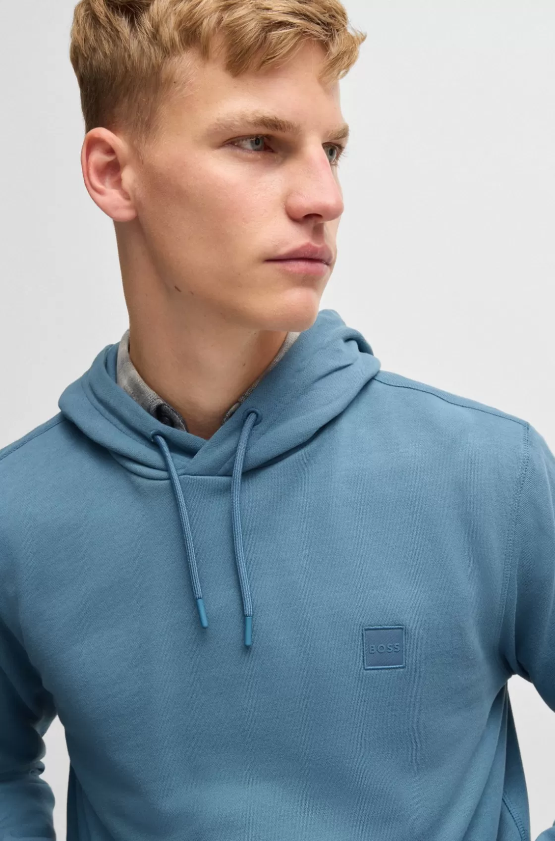 HUGO BOSS Cotton-terry Hoodie With Logo Patch Light Blue Shop