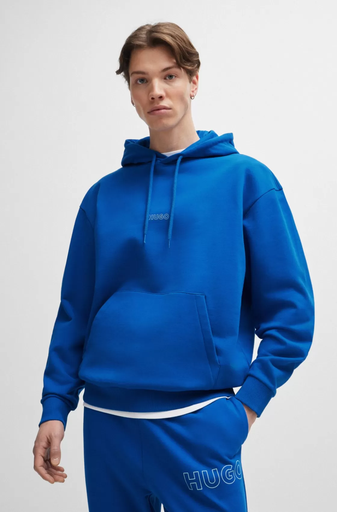 HUGO BOSS Cotton-terry Hoodie With Outline Logos Light Blue Cheap