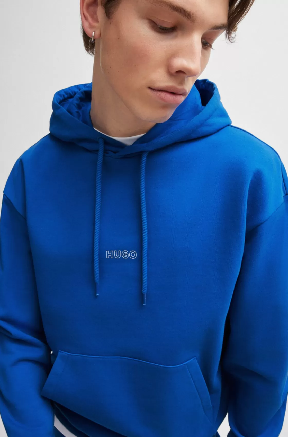 HUGO BOSS Cotton-terry Hoodie With Outline Logos Light Blue Cheap