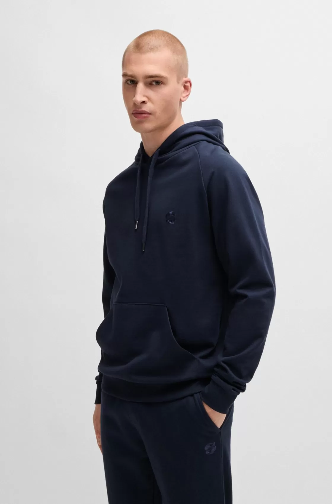 HUGO BOSS Cotton-terry Regular-fit Hoodie With Double Monogram Dark Blue Discount