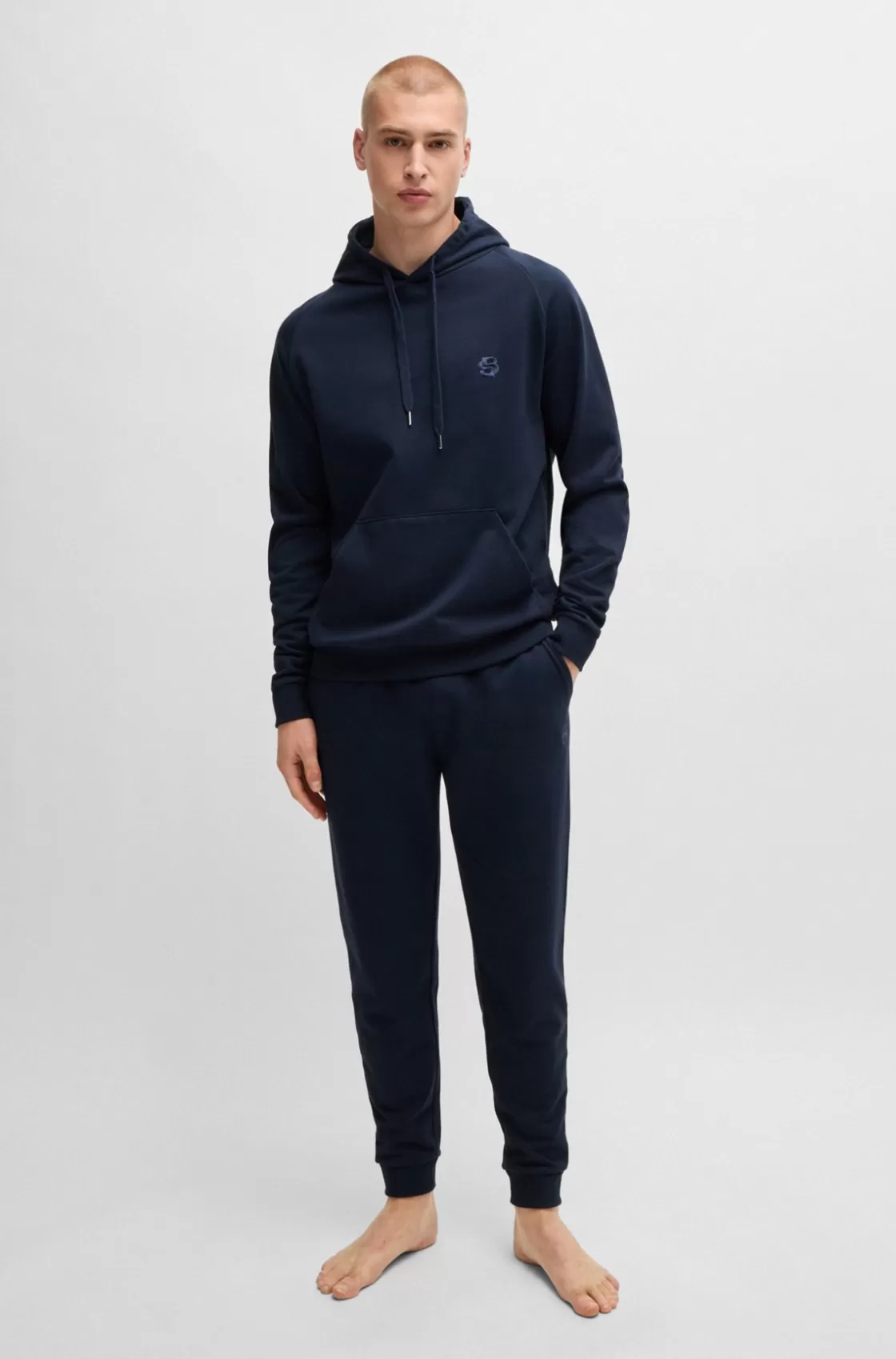 HUGO BOSS Cotton-terry Regular-fit Hoodie With Double Monogram Dark Blue Discount