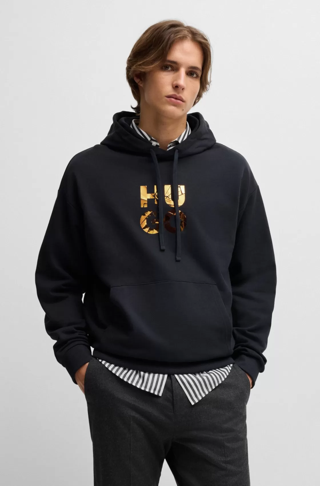 HUGO BOSS Cotton-terry Regular-fit Hoodie With Stacked Logo Dark Blue Shop