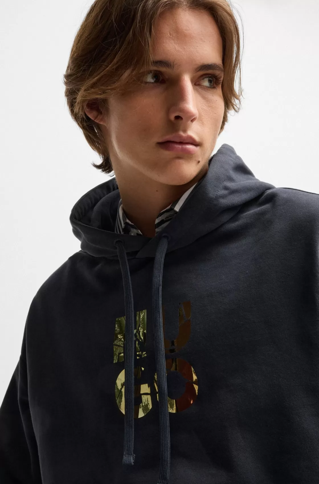 HUGO BOSS Cotton-terry Regular-fit Hoodie With Stacked Logo Dark Blue Shop
