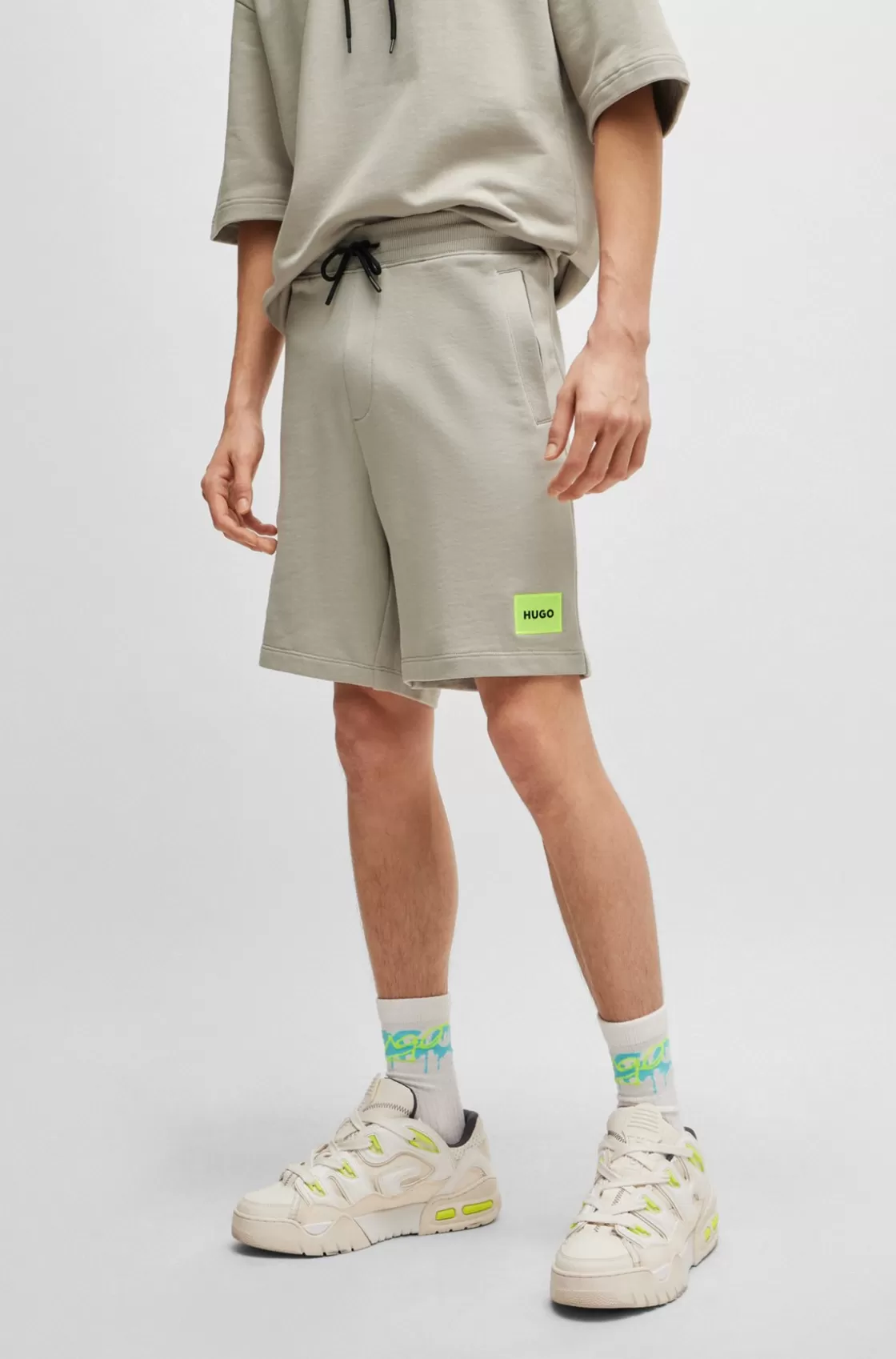 HUGO BOSS Cotton-terry Regular-fit Shorts With Logo Label Light Grey Cheap