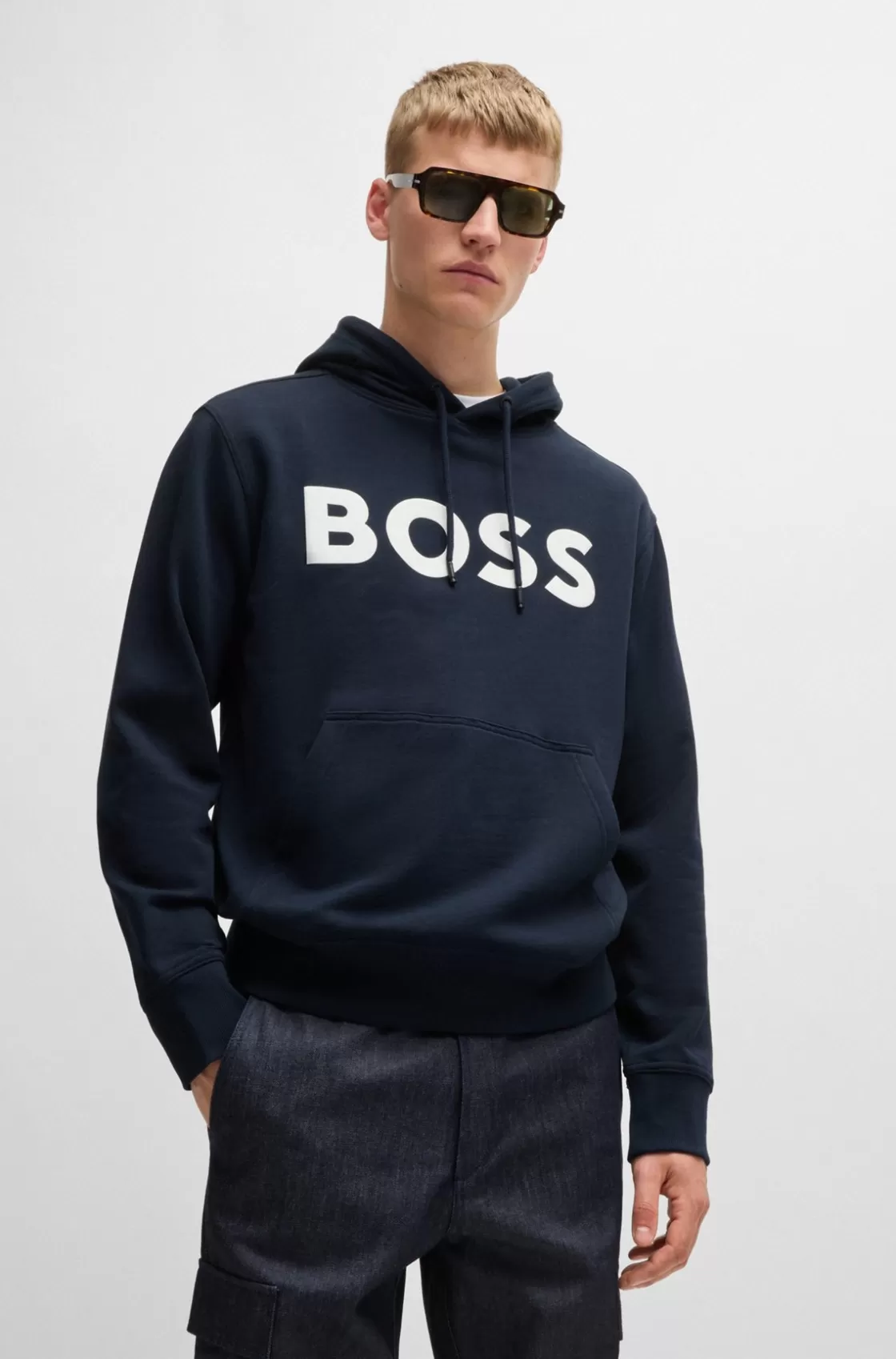 HUGO BOSS Cotton-terry Relaxed-fit Hoodie With Contrast Logo Dark Blue Online