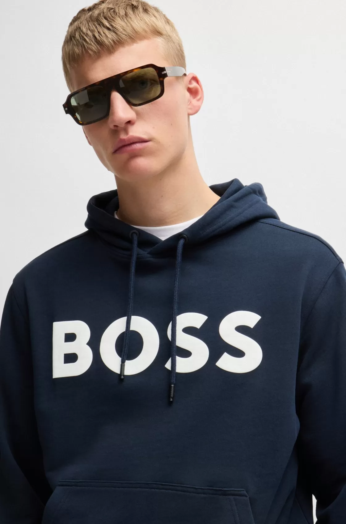 HUGO BOSS Cotton-terry Relaxed-fit Hoodie With Contrast Logo Dark Blue Online