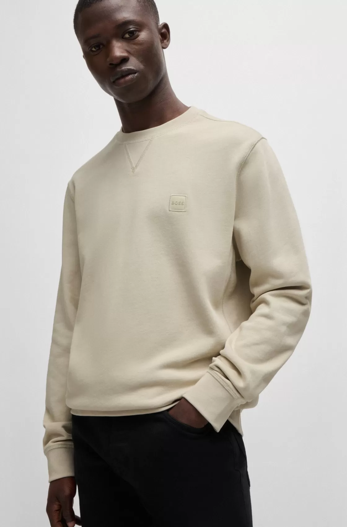 HUGO BOSS Cotton-terry Relaxed-fit Sweatshirt With Logo Patch Light Beige Clearance