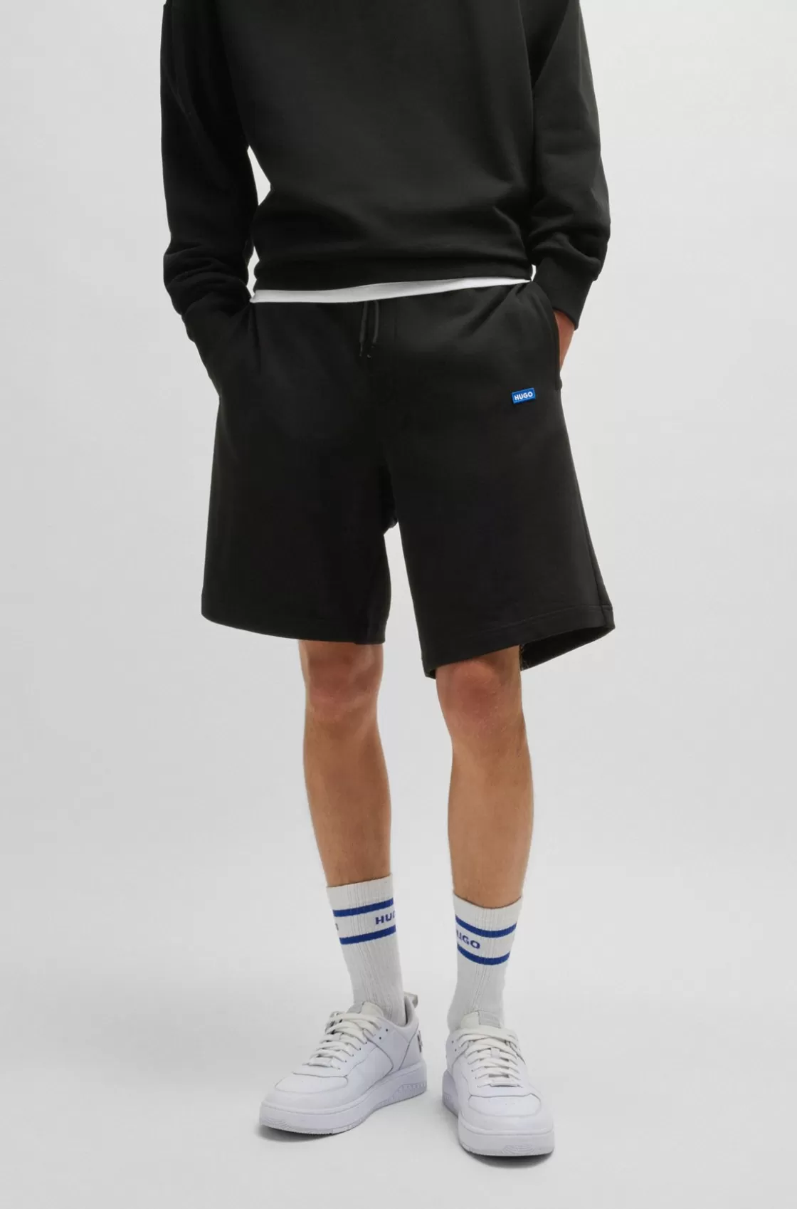 HUGO BOSS Cotton-terry Shorts With Blue Logo Patch Black Flash Sale