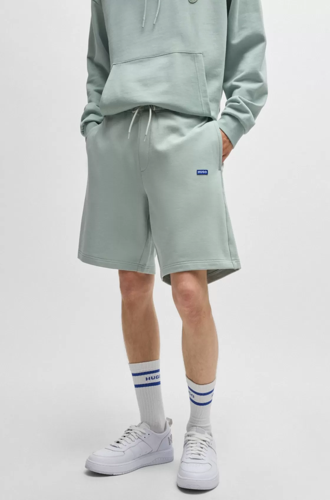 HUGO BOSS Cotton-terry Shorts With Blue Logo Patch Light Green Hot