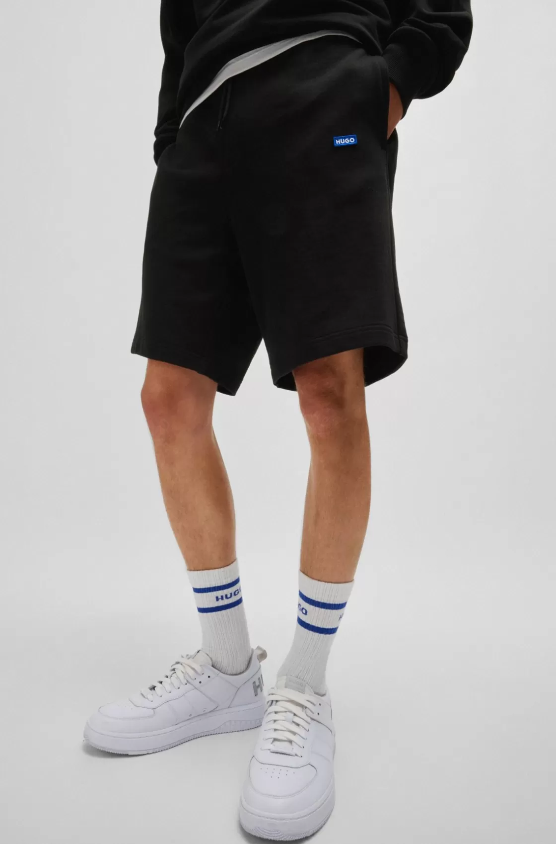 HUGO BOSS Cotton-terry Shorts With Blue Logo Patch Black Flash Sale